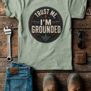 Grounded T‑Shirt – "Trust Me I'm Grounded" Electrical Tech Tee — bay t-shirt, flat-lay product photo | Pressure Tested Co