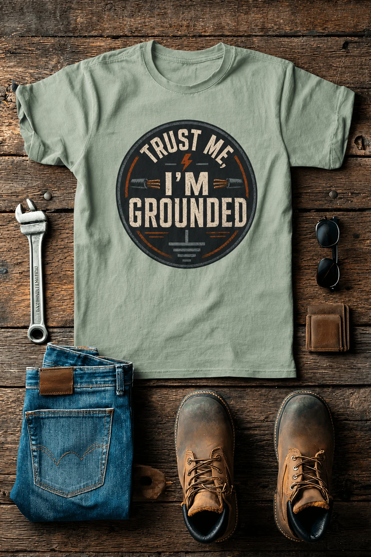 Grounded T‑Shirt – "Trust Me I'm Grounded" Electrical Tech Tee — bay t-shirt, flat-lay product photo | Pressure Tested Co