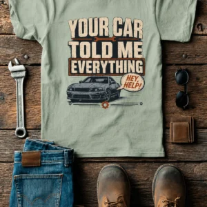 Mechanic T‑Shirt – "Your Car Told Me Everything" Vintage Graphic Design Tee — bay t-shirt, flat-lay product photo | Pressure Tested Co