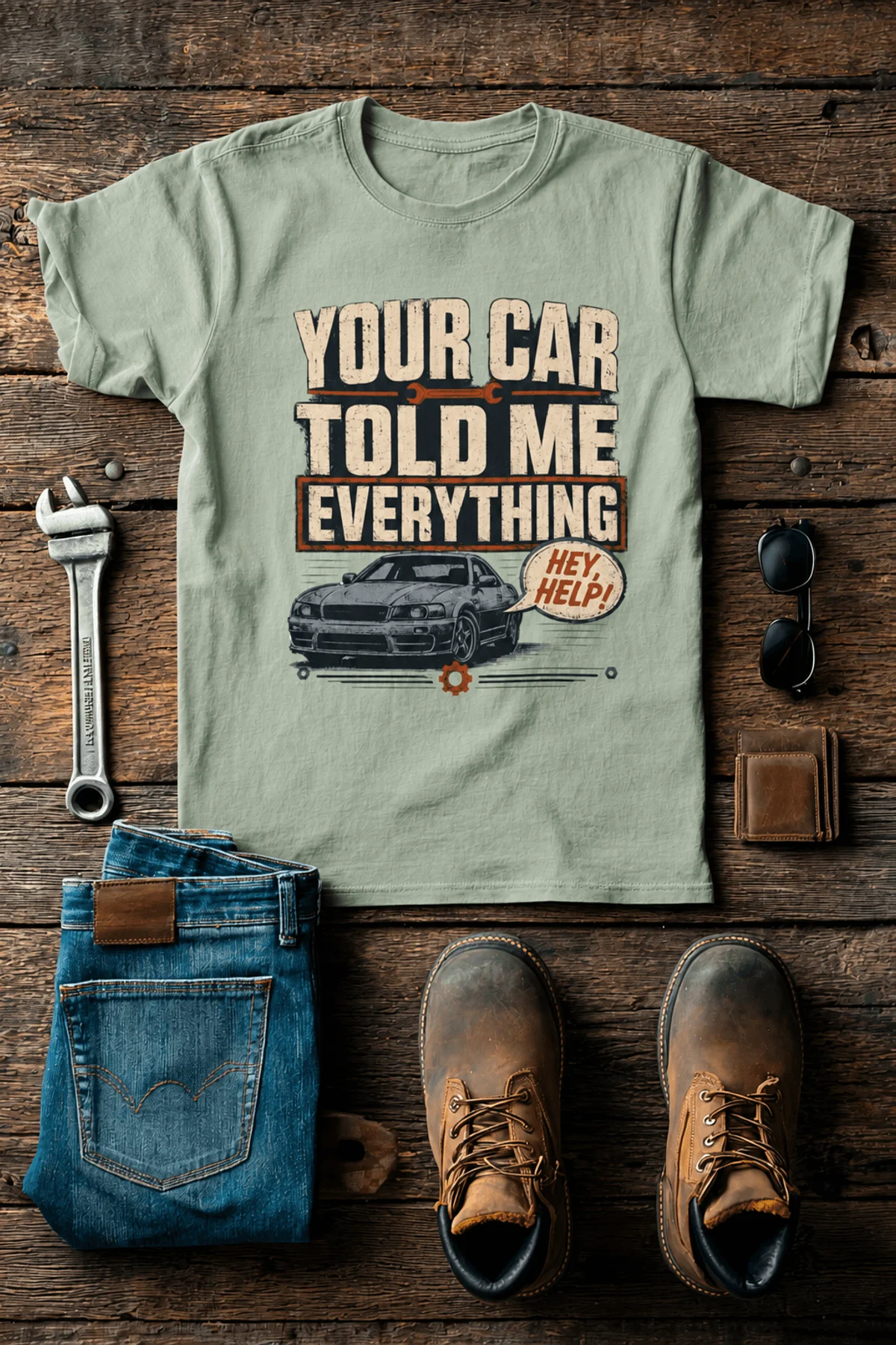 Mechanic T‑Shirt – "Your Car Told Me Everything" Vintage Graphic Design Tee — bay t-shirt, flat-lay product photo | Pressure Tested Co