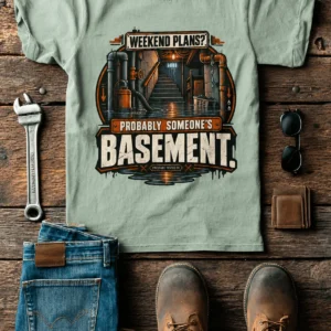Plumber T‑Shirt – "Weekend Plans? Probably Someone's Basement" Vintage Graphic Design Tee — bay t-shirt, flat-lay product photo | Pressure Tested Co