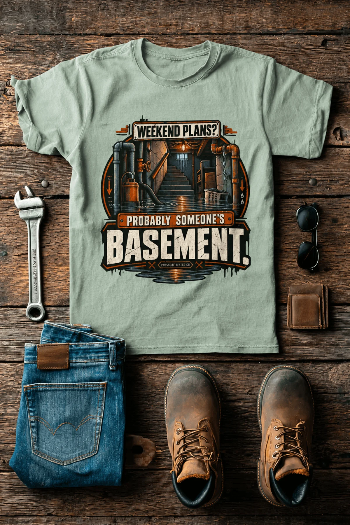 Plumber T‑Shirt – "Weekend Plans? Probably Someone's Basement" Vintage Graphic Design Tee — bay t-shirt, flat-lay product photo | Pressure Tested Co