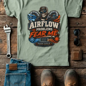 Airflow Problems Fear Me T-Shirt — HVAC Technician Skull Logo Tee — bay t-shirt, flat-lay product photo | Pressure Tested Co