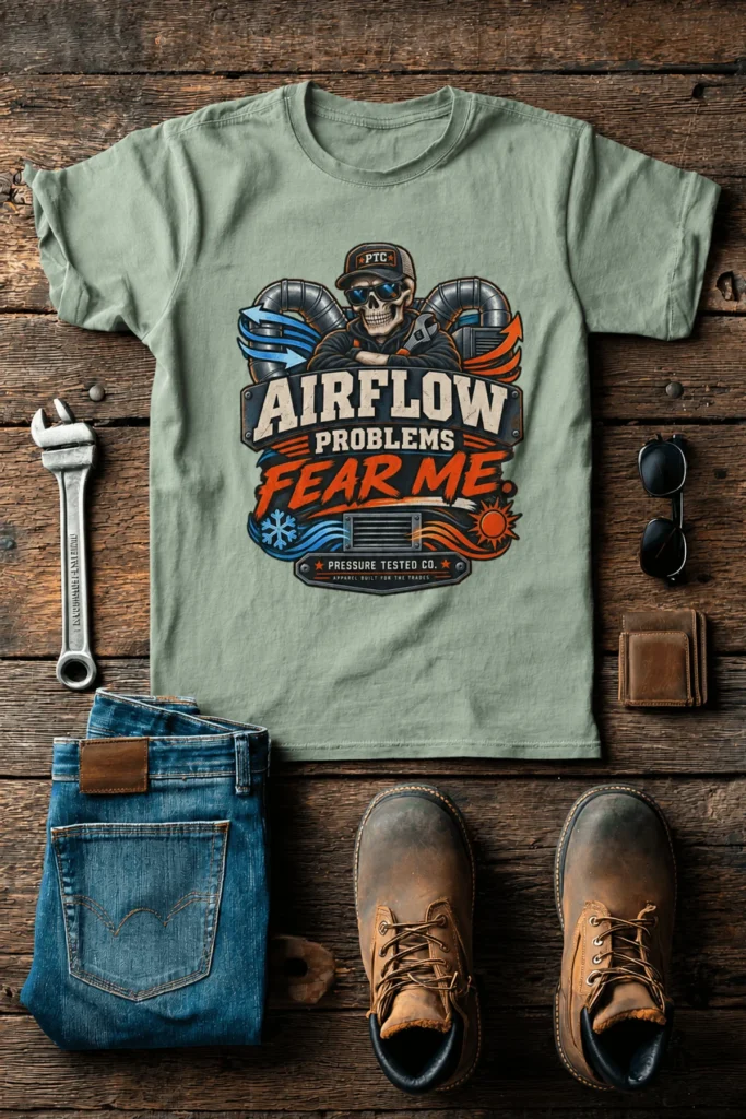 Airflow Problems Fear Me T-Shirt — HVAC Technician Skull Logo Tee — bay t-shirt, flat-lay product photo | Pressure Tested Co