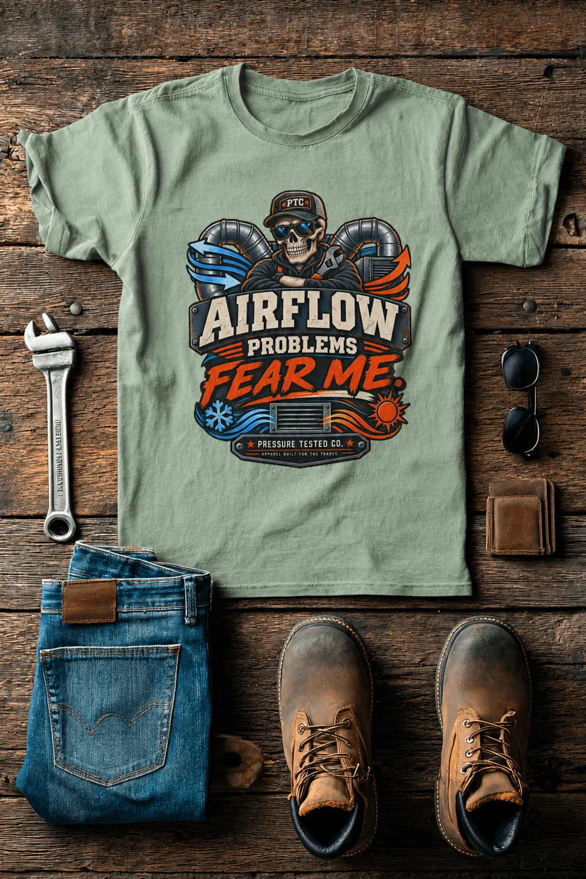 Airflow Problems Fear Me T-Shirt — HVAC Technician Skull Logo Tee — bay t-shirt, flat-lay product photo | Pressure Tested Co