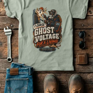 Ghost Voltage T-Shirt — 'I Chase Ghost Voltage for a Living' Vintage Electrician Tee — bay t-shirt, flat-lay product photo | Pressure Tested Co