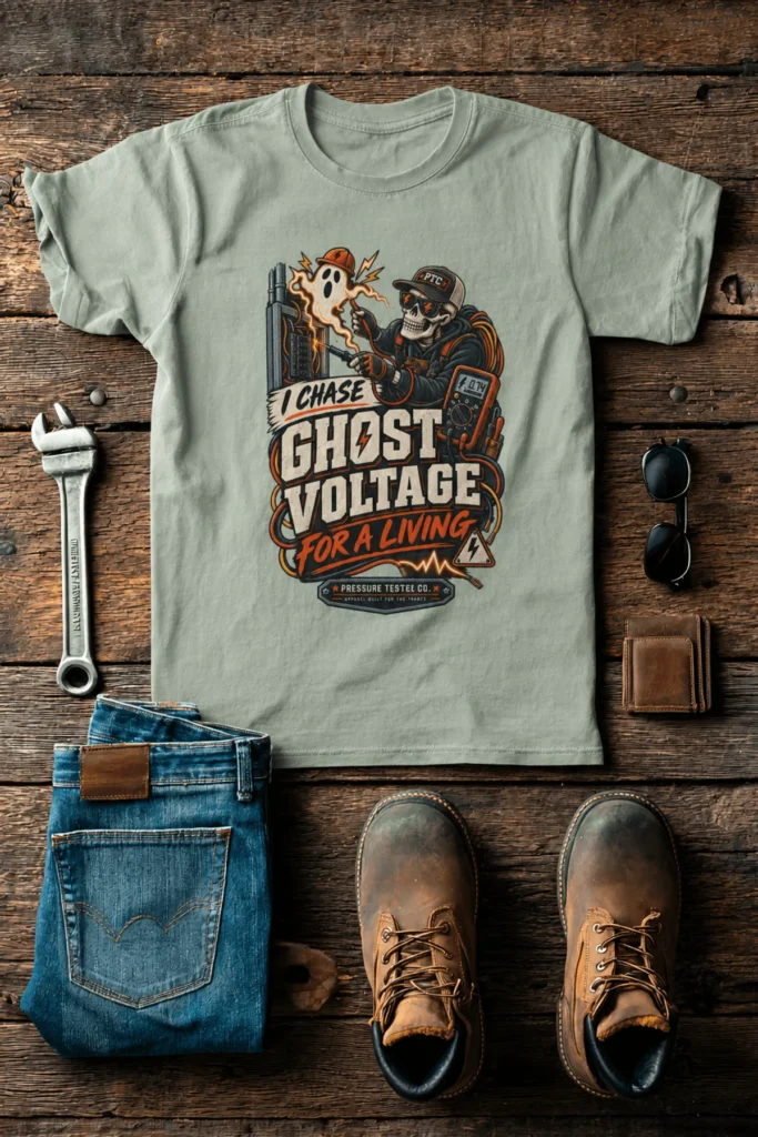 Ghost Voltage T-Shirt — 'I Chase Ghost Voltage for a Living' Vintage Electrician Tee — bay t-shirt, flat-lay product photo | Pressure Tested Co