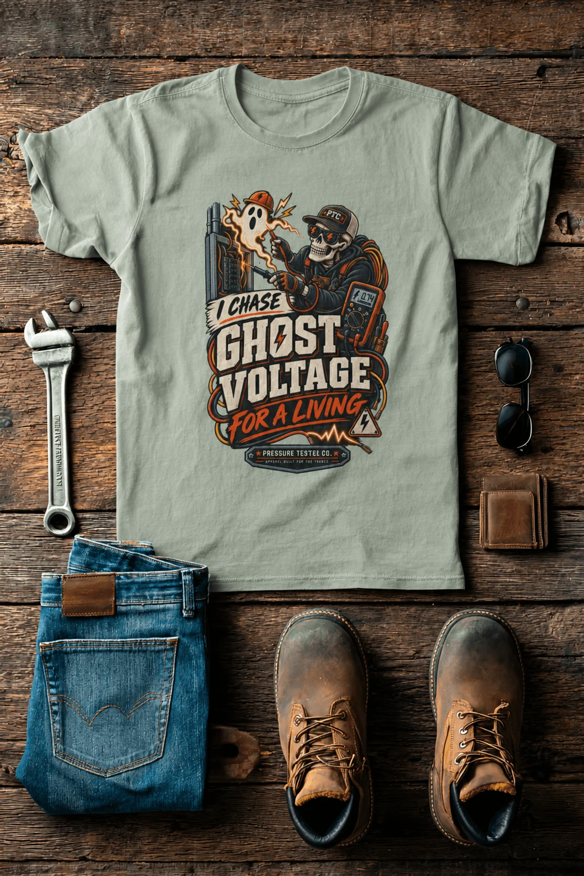 Ghost Voltage T-Shirt — 'I Chase Ghost Voltage for a Living' Vintage Electrician Tee — bay t-shirt, flat-lay product photo | Pressure Tested Co