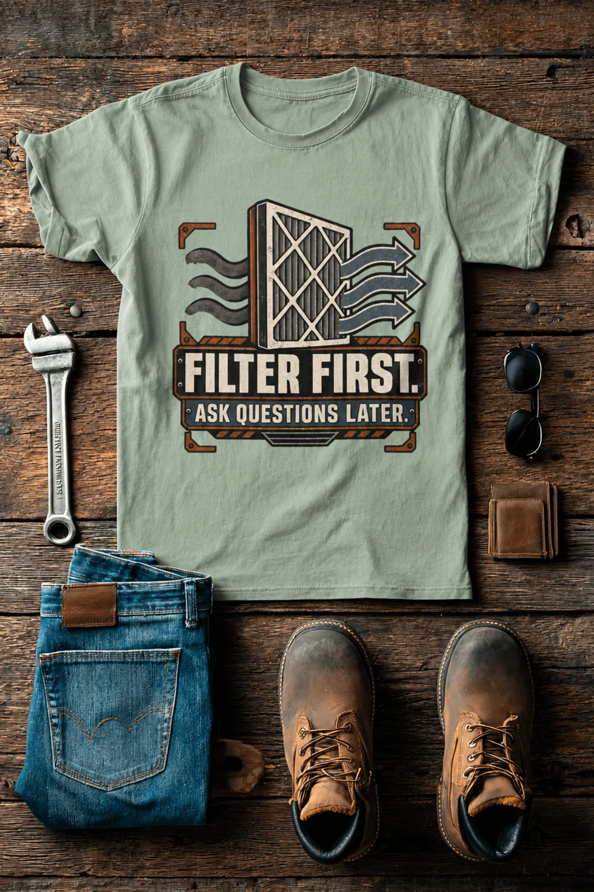 T-Shirt — "Filter First. Ask Questions Later." HVAC Air Filter Graphic — bay t-shirt, flat-lay product photo | Pressure Tested Co