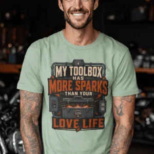 T-Shirt — "My Toolbox Has More Sparks Than Your Love Life" Electrician/Mechanic Workshop Tee — bay t-shirt, model photo | Pressure Tested Co