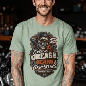 Mechanic Skull T-Shirt — "Fluent in Grease, Gears and Grumbling" Graphic Tee — bay t-shirt, model photo | Pressure Tested Co