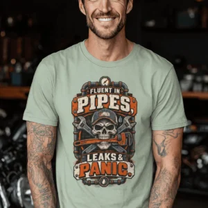 Plumber Skull T-Shirt — "Fluent in Pipes, Leaks and Panic" Workwear Tee — bay t-shirt, model photo | Pressure Tested Co