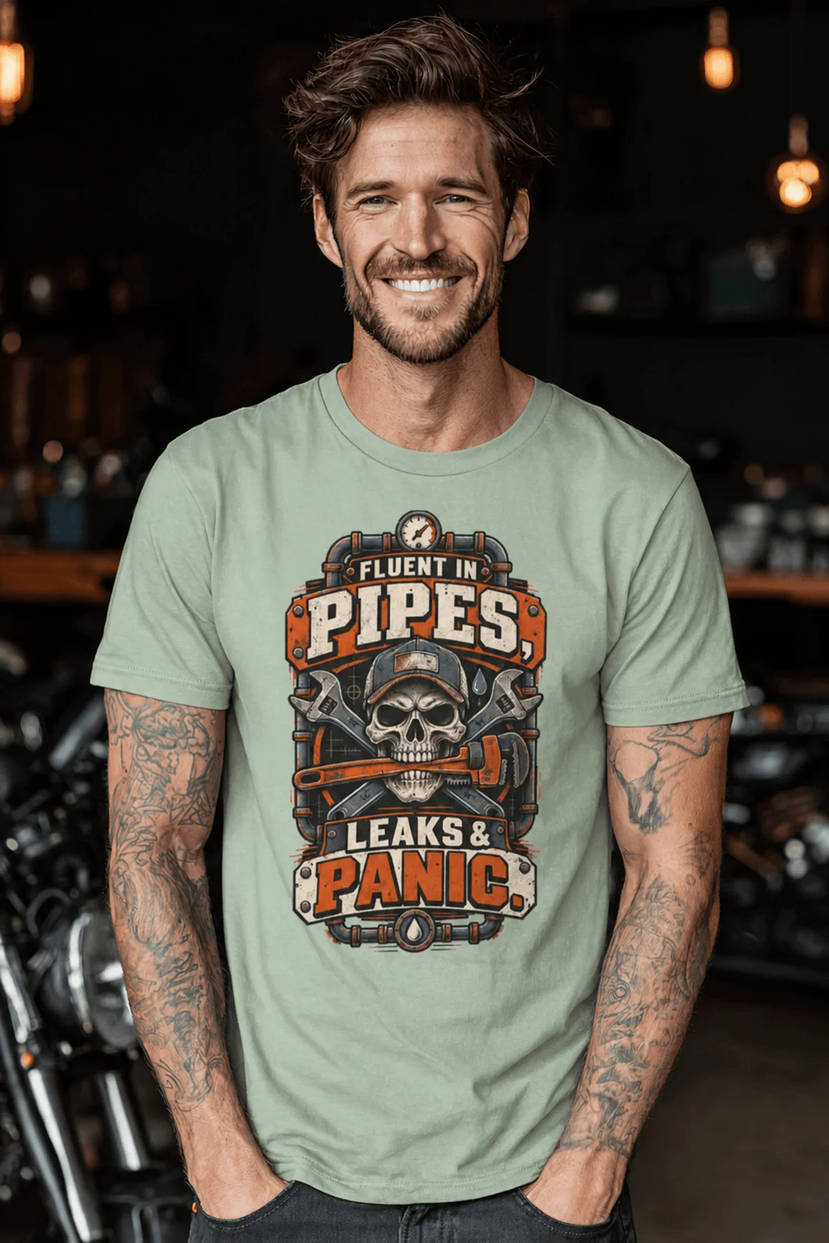 Plumber Skull T-Shirt — "Fluent in Pipes, Leaks and Panic" Workwear Tee — bay t-shirt, model photo | Pressure Tested Co