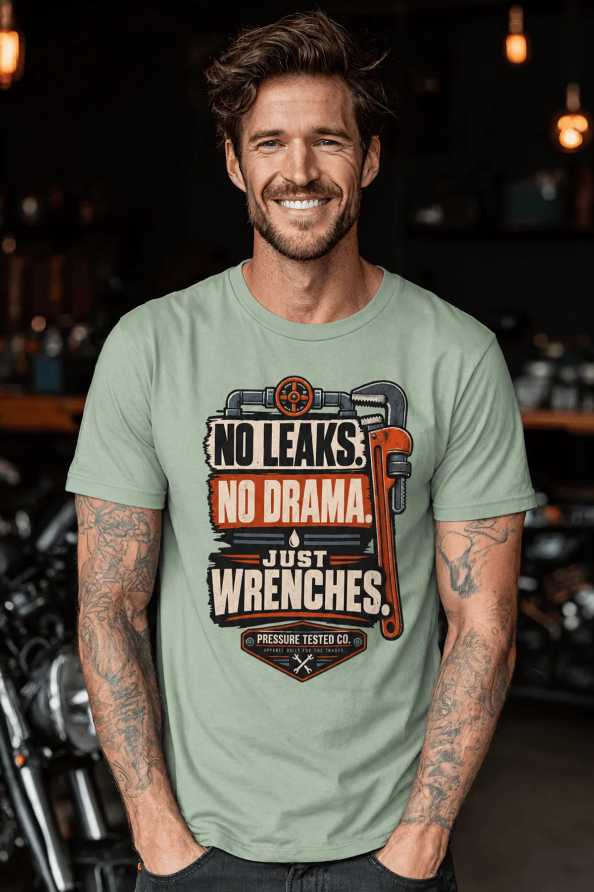 "No Leaks, No Drama, Just Wrenches" Vintage Plumbing Tee — bay t-shirt, model photo | Pressure Tested Co