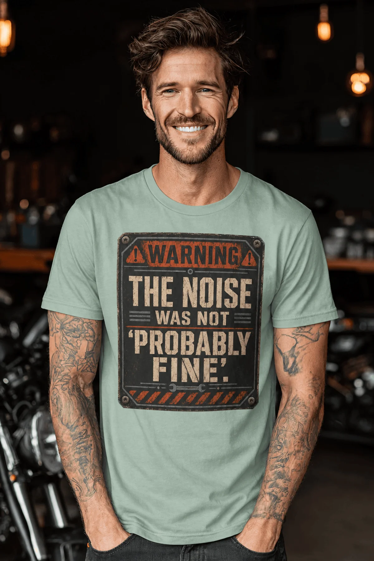 Warning Sign T-Shirt — "The Noise Was Not 'Probably Fine'" Vintage Graphic Tee — bay t-shirt, model photo | Pressure Tested Co