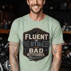 HVAC Tech T‑Shirt – "Fluent In BTUs And Bad Attitudes" — bay t-shirt, model photo | Pressure Tested Co