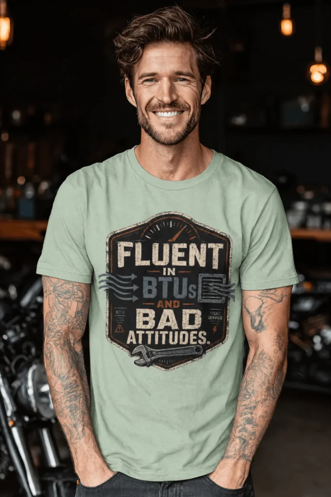 HVAC Tech T‑Shirt – "Fluent In BTUs And Bad Attitudes" — bay t-shirt, model photo | Pressure Tested Co