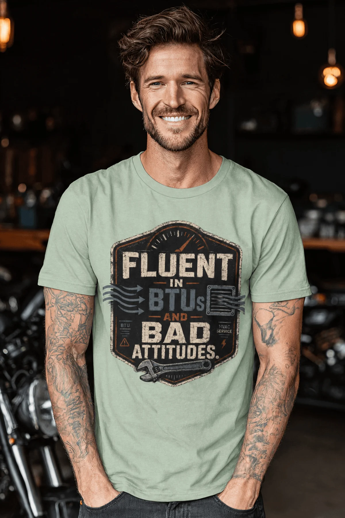 HVAC Tech T‑Shirt – "Fluent In BTUs And Bad Attitudes" — bay t-shirt, model photo | Pressure Tested Co
