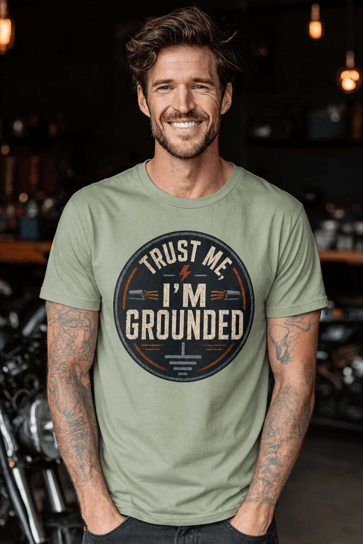 Grounded T‑Shirt – "Trust Me I'm Grounded" Electrical Tech Tee — bay t-shirt, model photo | Pressure Tested Co