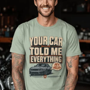 Mechanic T‑Shirt – "Your Car Told Me Everything" Vintage Graphic Design Tee — bay t-shirt, model photo | Pressure Tested Co