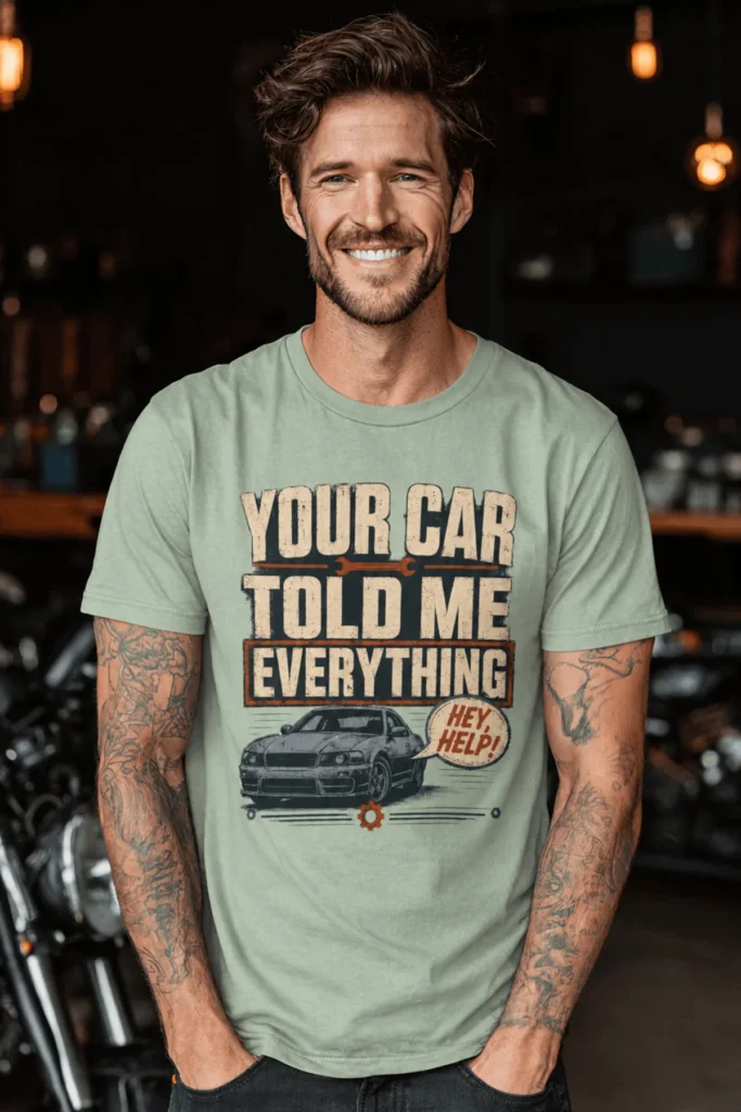 Mechanic T‑Shirt – "Your Car Told Me Everything" Vintage Graphic Design Tee — bay t-shirt, model photo | Pressure Tested Co