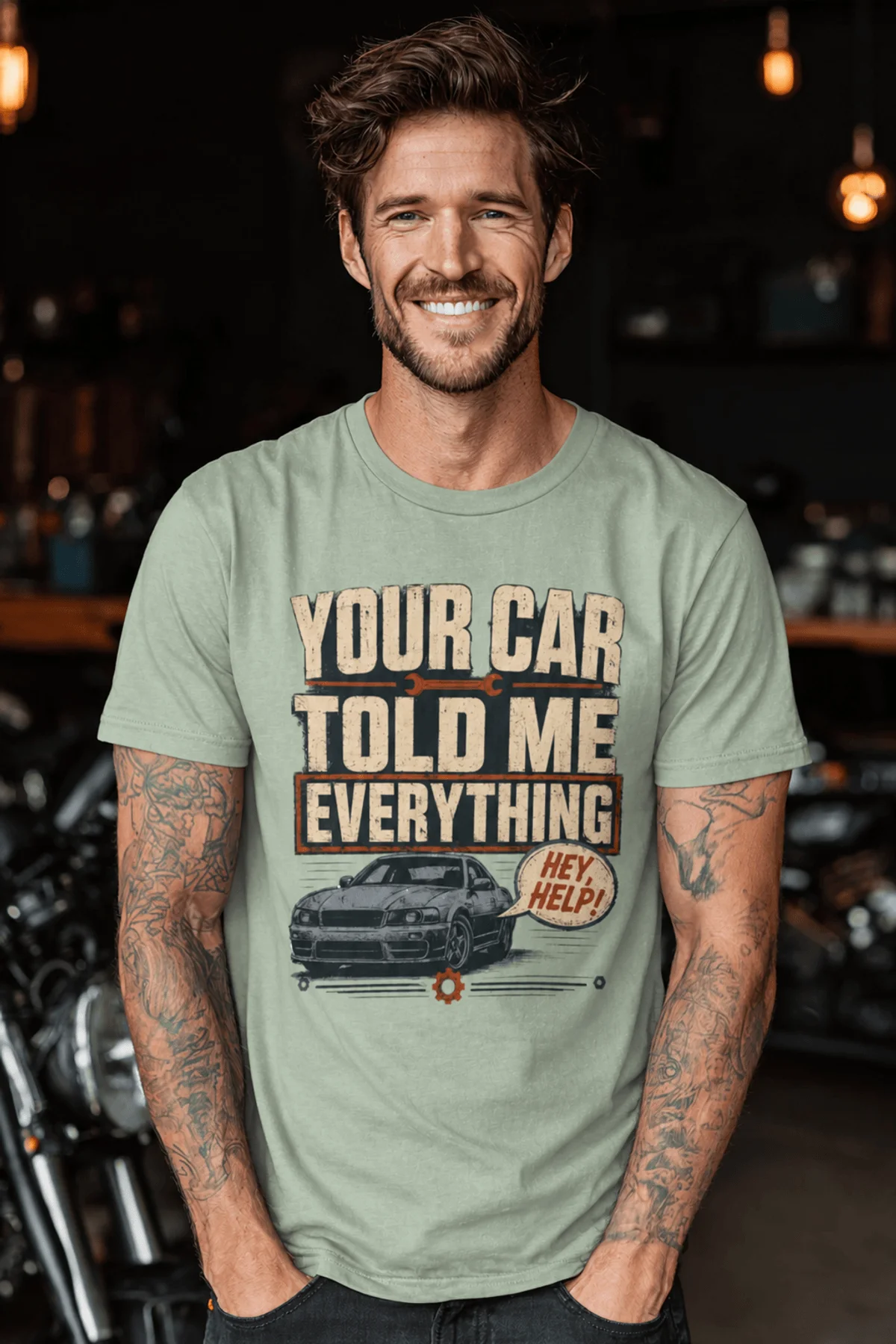 Mechanic T‑Shirt – "Your Car Told Me Everything" Vintage Graphic Design Tee — bay t-shirt, model photo | Pressure Tested Co