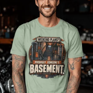 Plumber T‑Shirt – "Weekend Plans? Probably Someone's Basement" Vintage Graphic Design Tee — bay t-shirt, model photo | Pressure Tested Co