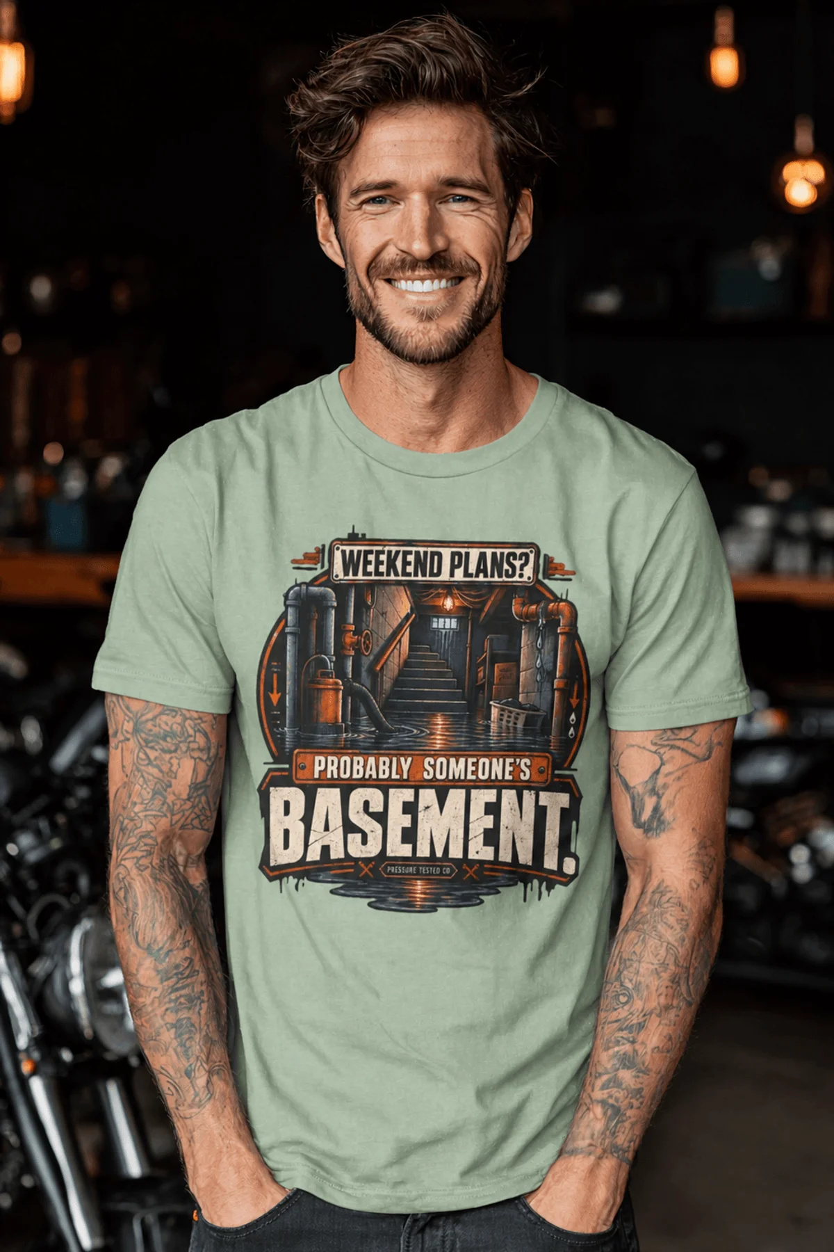 Plumber T‑Shirt – "Weekend Plans? Probably Someone's Basement" Vintage Graphic Design Tee — bay t-shirt, model photo | Pressure Tested Co