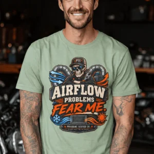 Airflow Problems Fear Me T-Shirt — HVAC Technician Skull Logo Tee — bay t-shirt, model photo | Pressure Tested Co