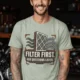T-Shirt — "Filter First. Ask Questions Later." HVAC Air Filter Graphic — bay t-shirt, model photo | Pressure Tested Co