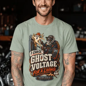 Ghost Voltage T-Shirt — 'I Chase Ghost Voltage for a Living' Vintage Electrician Tee — bay t-shirt, model photo | Pressure Tested Co