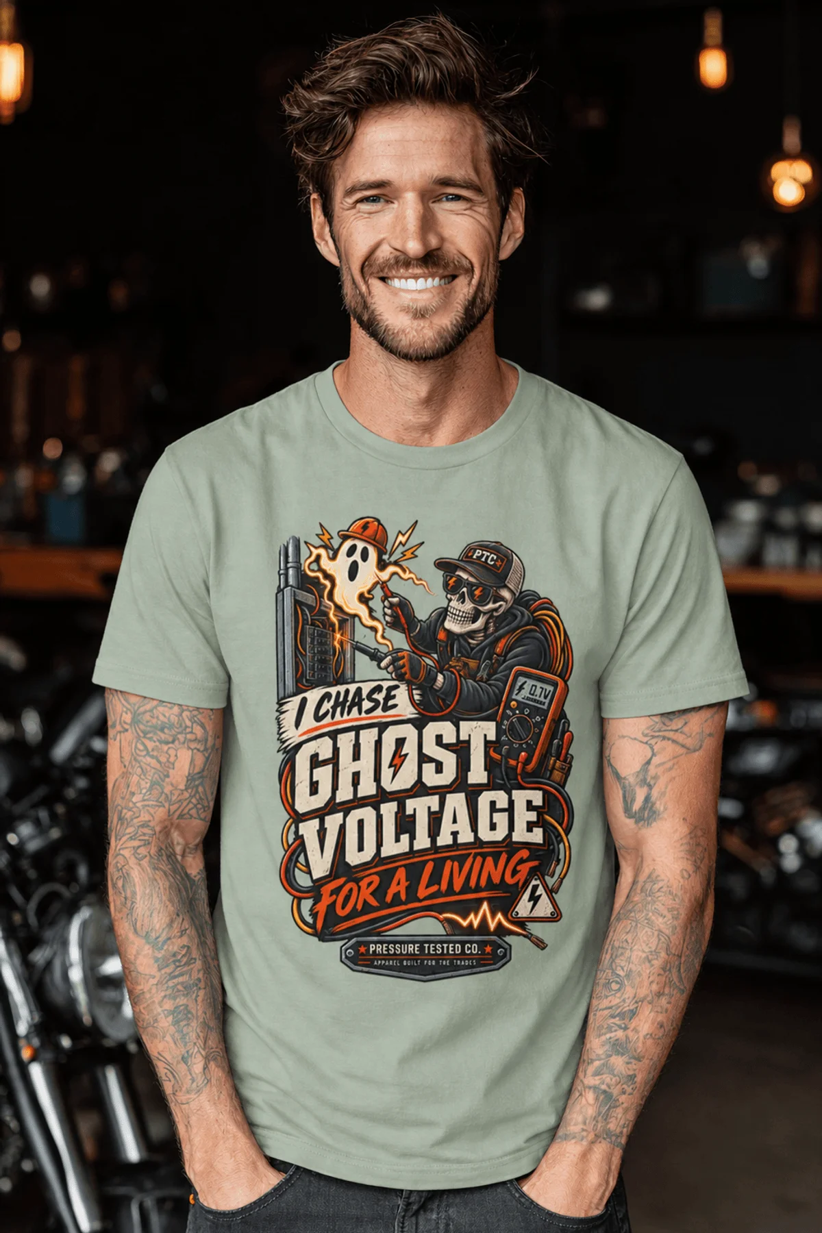 Ghost Voltage T-Shirt — 'I Chase Ghost Voltage for a Living' Vintage Electrician Tee — bay t-shirt, model photo | Pressure Tested Co