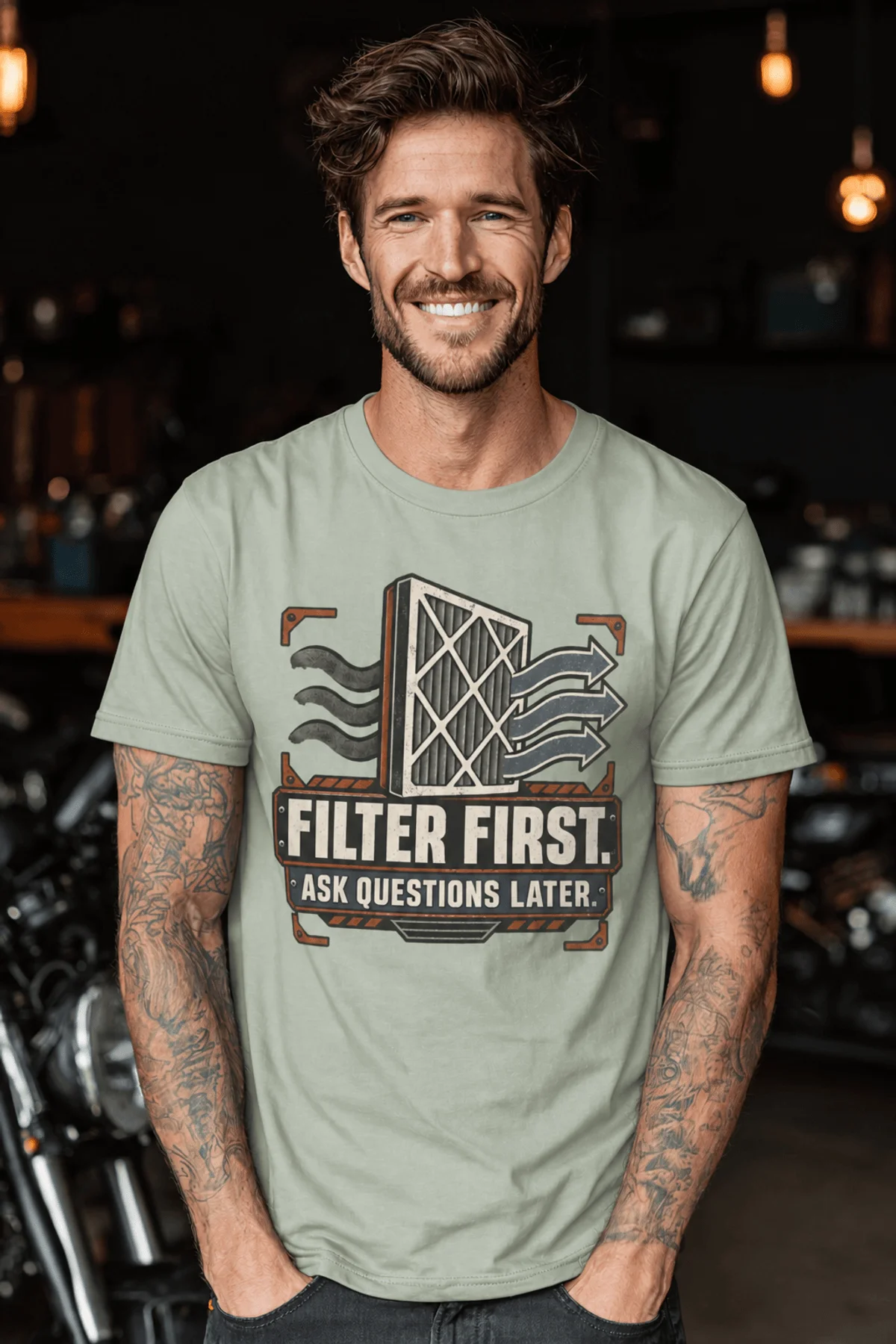 T-Shirt — "Filter First. Ask Questions Later." HVAC Air Filter Graphic — bay t-shirt, model photo | Pressure Tested Co