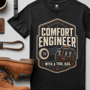 HVAC Tech T-Shirt — "Comfort Engineer" Vintage Tee with a Tool Bag — black t-shirt, flat-lay product photo | Pressure Tested Co