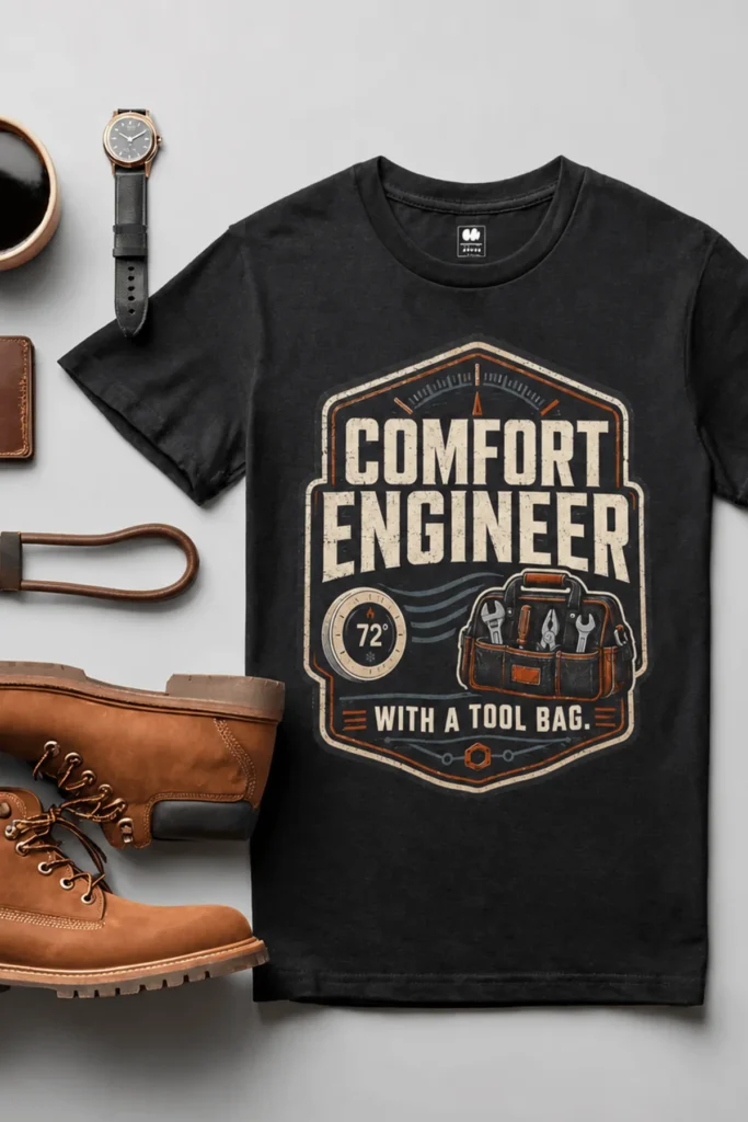 HVAC Tech T-Shirt — "Comfort Engineer" Vintage Tee with a Tool Bag — black t-shirt, flat-lay product photo | Pressure Tested Co