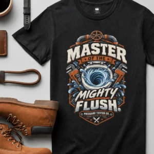 Master of the Mighty Flush T-Shirt — Plumber/Funny Toilet Repair Tee — black t-shirt, flat-lay product photo | Pressure Tested Co