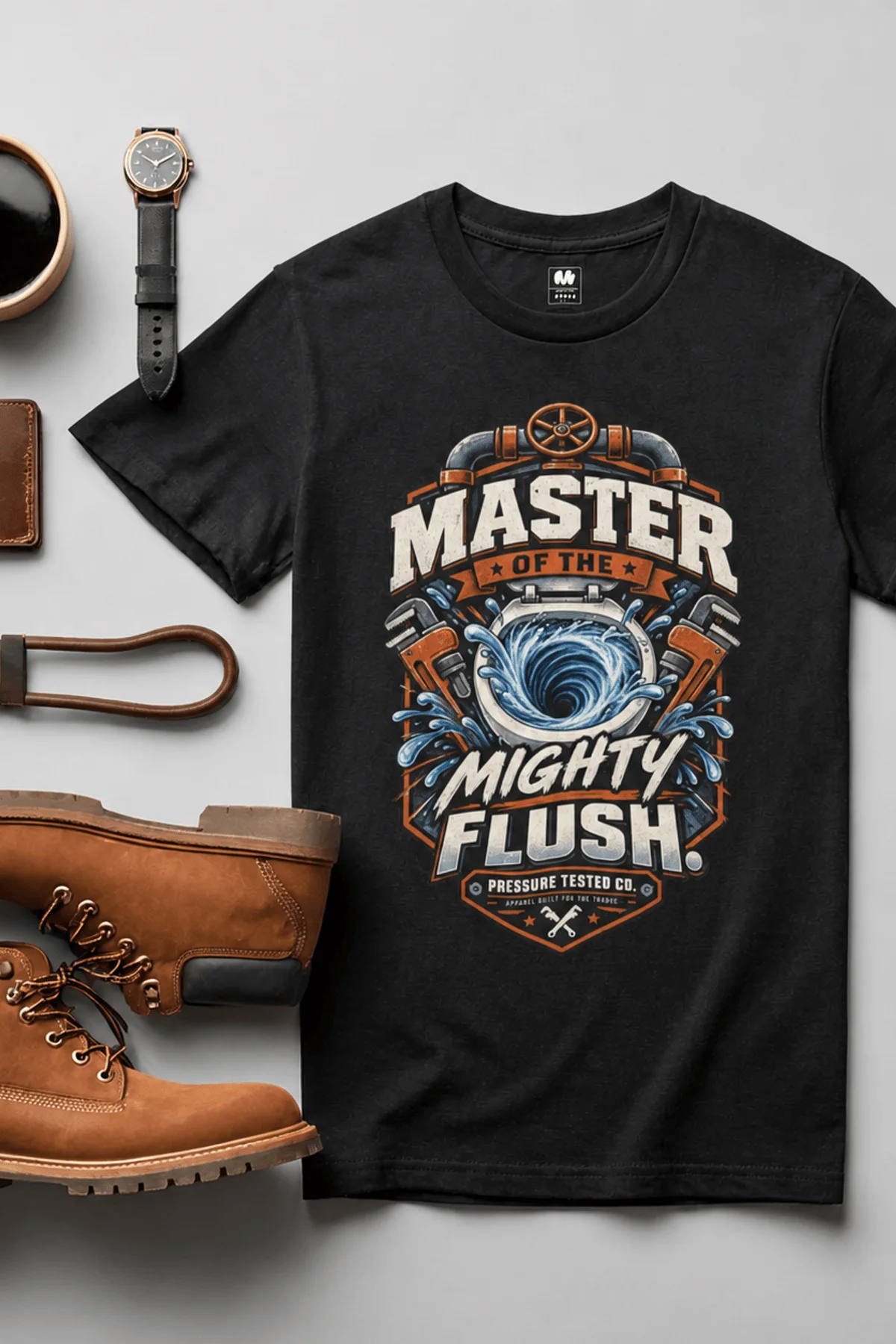 Master of the Mighty Flush T-Shirt — Plumber/Funny Toilet Repair Tee — black t-shirt, flat-lay product photo | Pressure Tested Co
