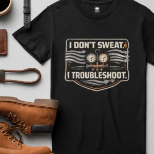 HVAC Tech T-Shirt – "I Don't Sweat. I Troubleshoot." Retro Tech Shirt — black t-shirt, flat-lay product photo | Pressure Tested Co