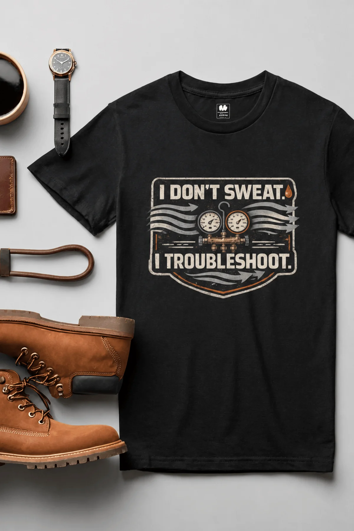 HVAC Tech T-Shirt – "I Don't Sweat. I Troubleshoot." Retro Tech Shirt — black t-shirt, flat-lay product photo | Pressure Tested Co