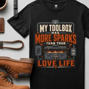 T-Shirt — "My Toolbox Has More Sparks Than Your Love Life" Electrician/Mechanic Workshop Tee — black t-shirt, flat-lay product photo | Pressure Tested Co