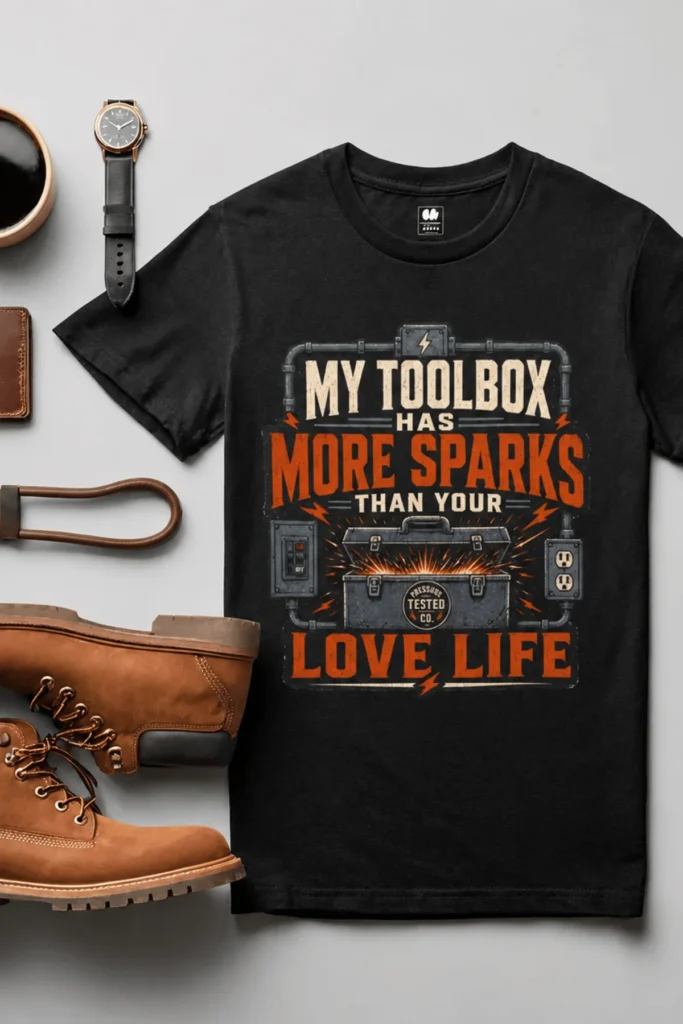T-Shirt — "My Toolbox Has More Sparks Than Your Love Life" Electrician/Mechanic Workshop Tee — black t-shirt, flat-lay product photo | Pressure Tested Co