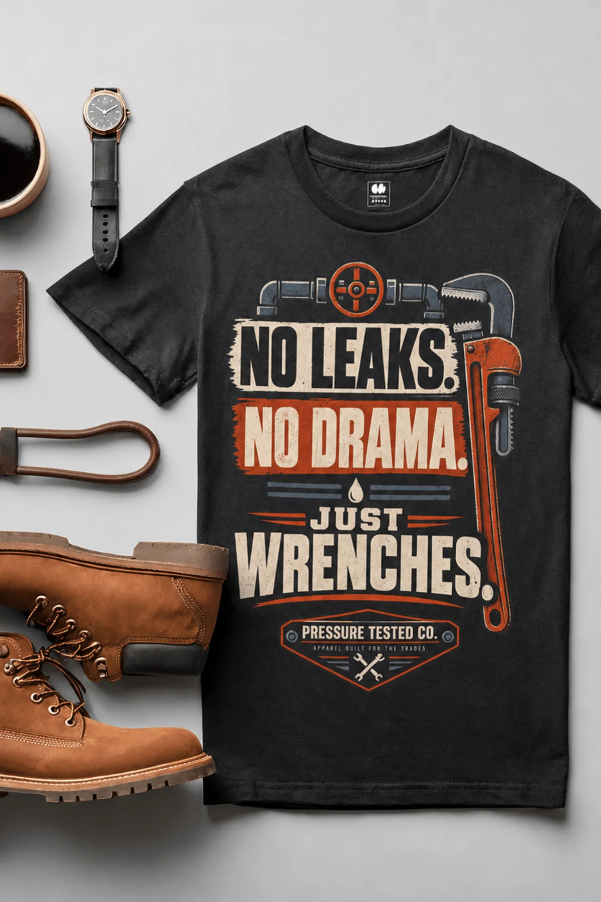 "No Leaks, No Drama, Just Wrenches" Vintage Plumbing Tee — black t-shirt, flat-lay product photo | Pressure Tested Co