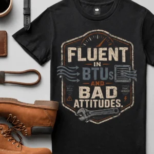 HVAC Tech T‑Shirt – "Fluent In BTUs And Bad Attitudes" — black t-shirt, flat-lay product photo | Pressure Tested Co