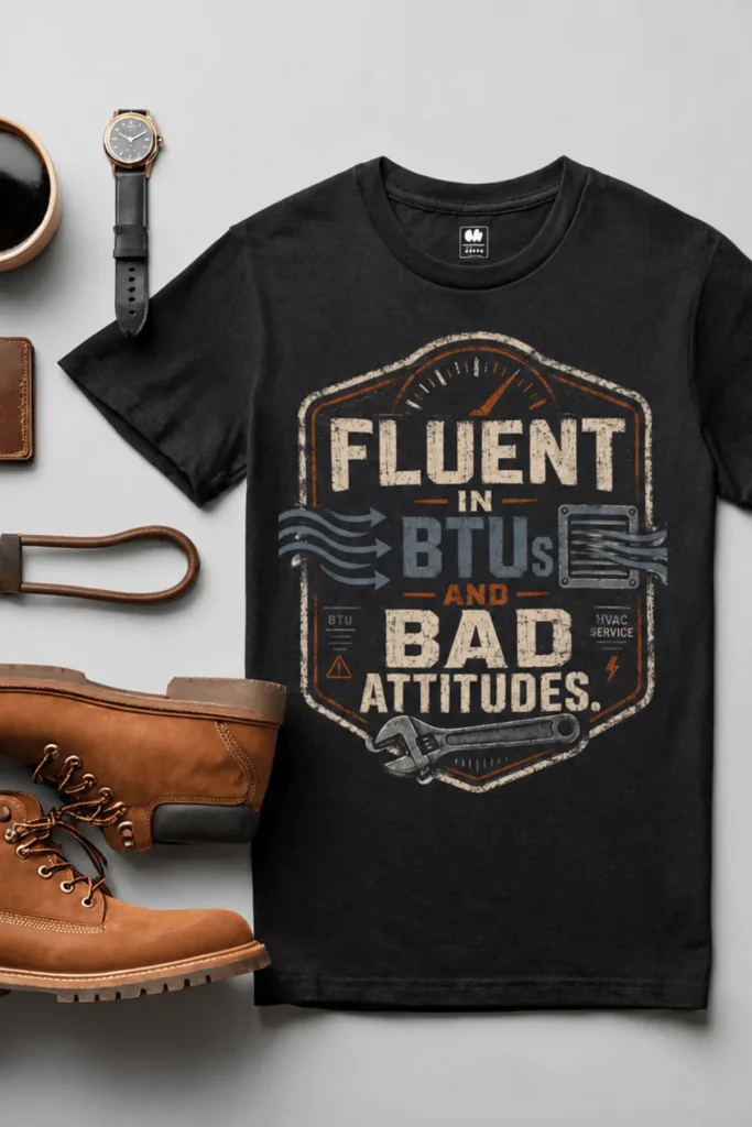 HVAC Tech T‑Shirt – "Fluent In BTUs And Bad Attitudes" — black t-shirt, flat-lay product photo | Pressure Tested Co