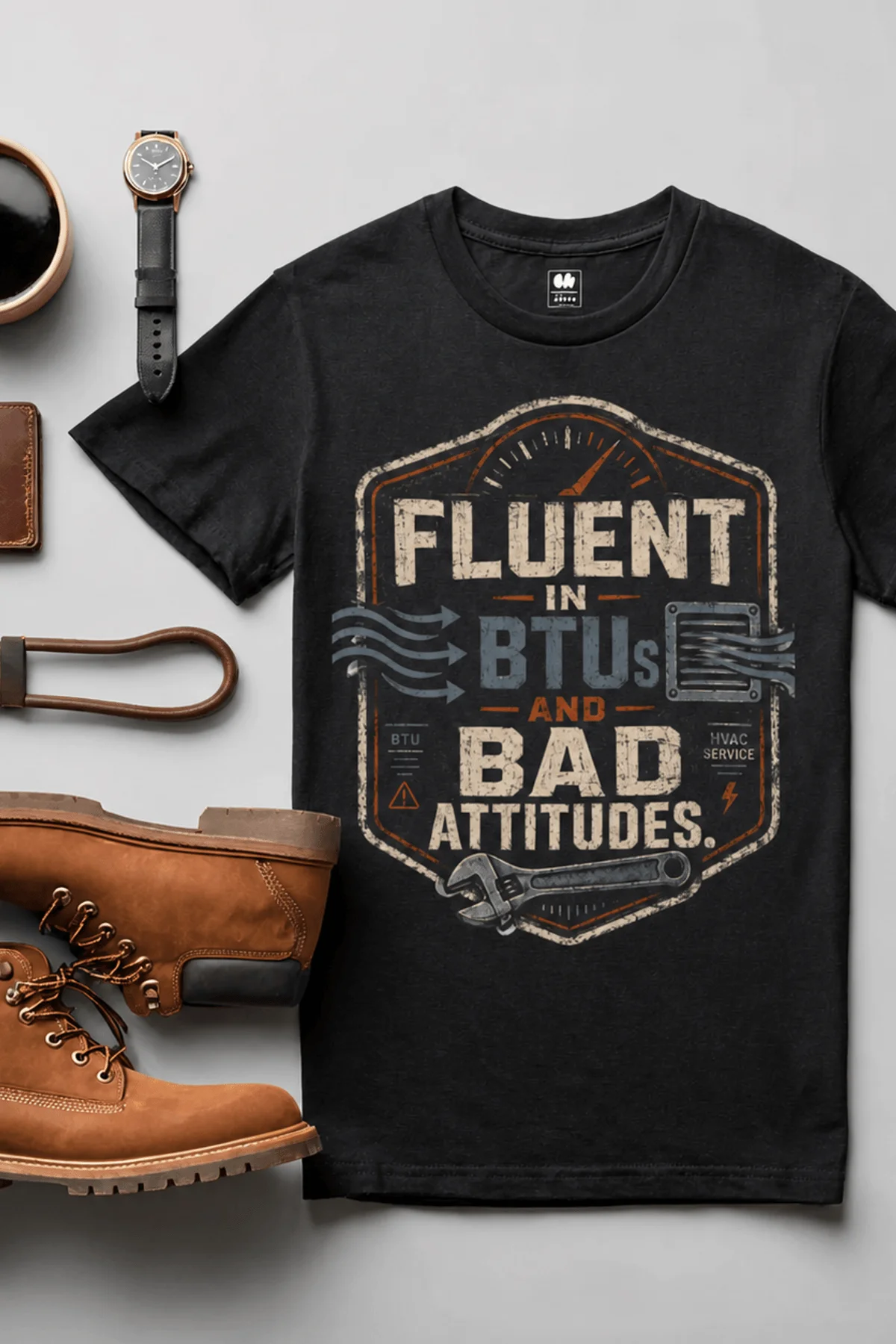 HVAC Tech T‑Shirt – "Fluent In BTUs And Bad Attitudes" — black t-shirt, flat-lay product photo | Pressure Tested Co