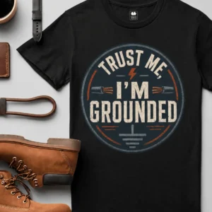 Grounded T‑Shirt – "Trust Me I'm Grounded" Electrical Tech Tee — black t-shirt, flat-lay product photo | Pressure Tested Co