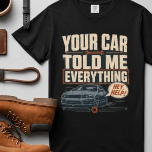 Mechanic T‑Shirt – "Your Car Told Me Everything" Vintage Graphic Design Tee — black t-shirt, flat-lay product photo | Pressure Tested Co