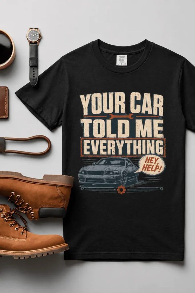 Mechanic T‑Shirt – "Your Car Told Me Everything" Vintage Graphic Design Tee — black t-shirt, flat-lay product photo | Pressure Tested Co