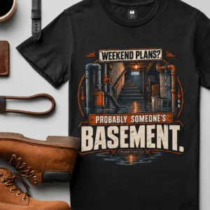 Plumber T‑Shirt – "Weekend Plans? Probably Someone's Basement" Vintage Graphic Design Tee — black t-shirt, flat-lay product photo | Pressure Tested Co