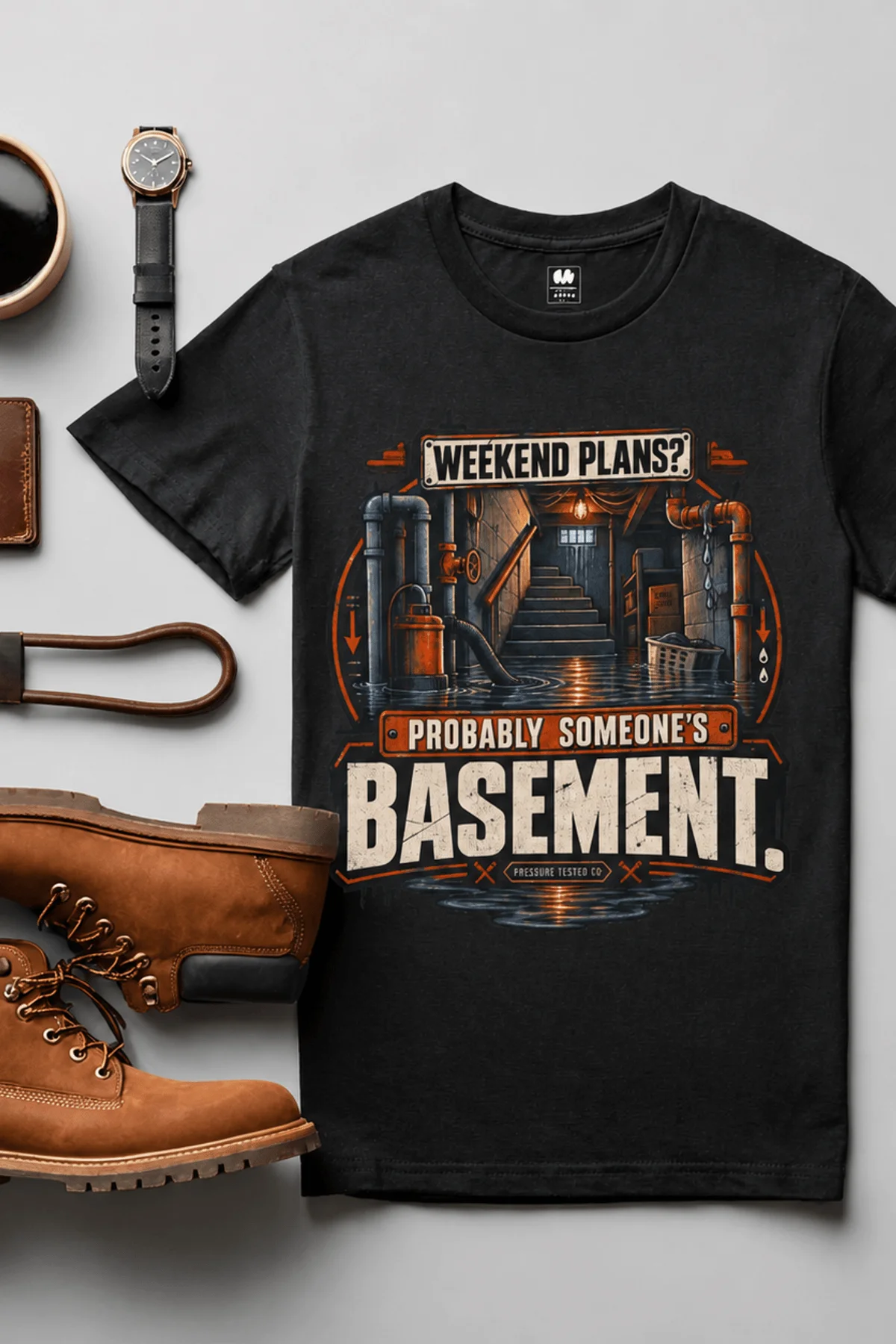 Plumber T‑Shirt – "Weekend Plans? Probably Someone's Basement" Vintage Graphic Design Tee — black t-shirt, flat-lay product photo | Pressure Tested Co